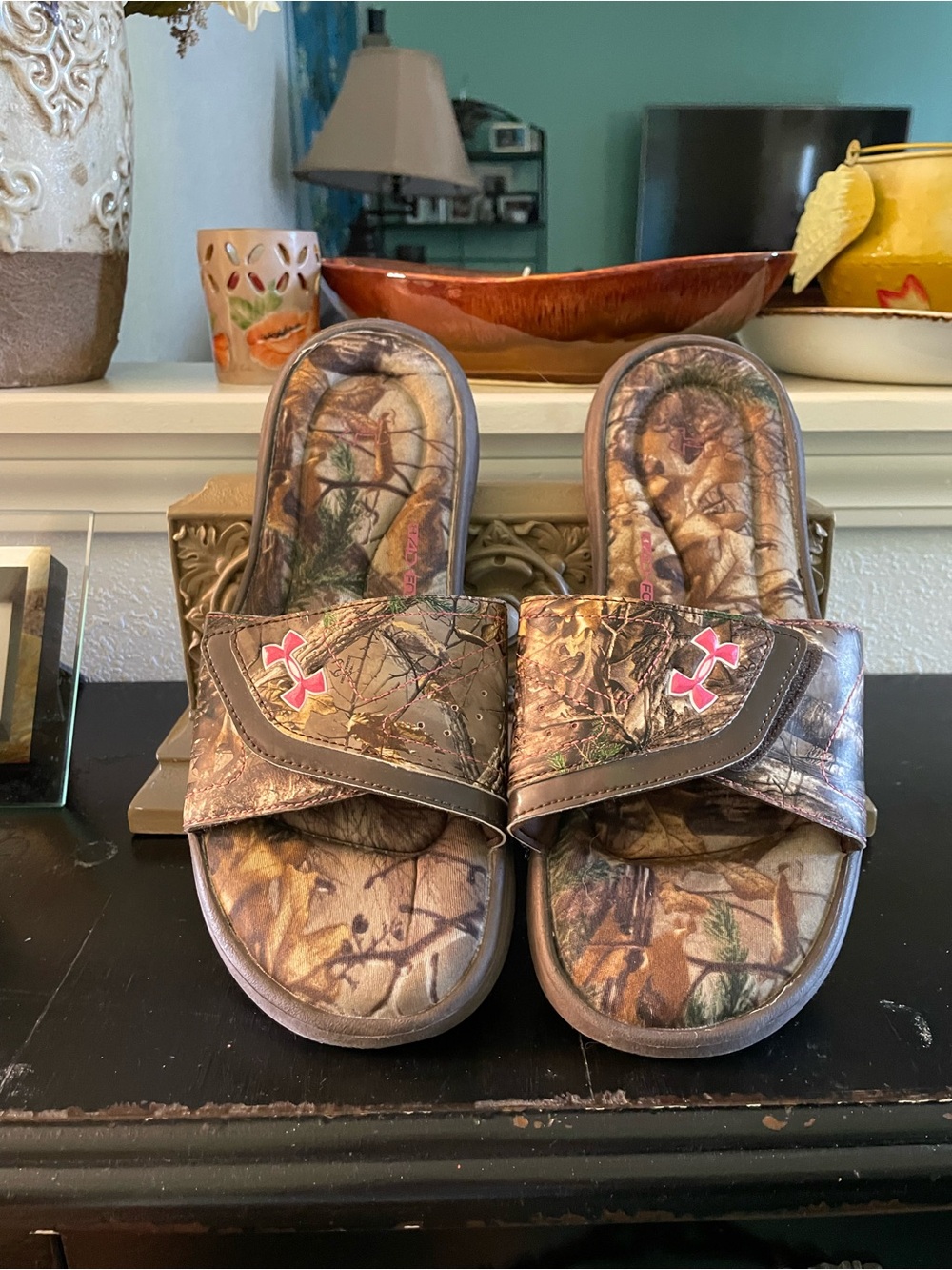 Under Armour Camo Slide Sandals with Pink Logo Accent